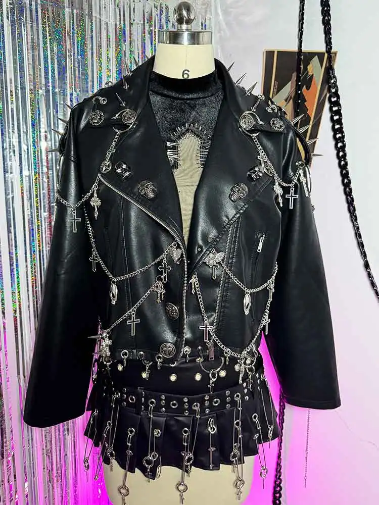فاسق روك الجرونج ايكو يدوية الصنع E-Girls 90s القوطي Harajuku Y2K نباتي جلدية الجمجمة رصع سترة معطف DIY القوطية سلسلة ايمو