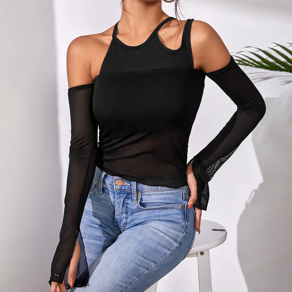 Street hottie backless vest solid color gauze beach long sleeve top two-piece set