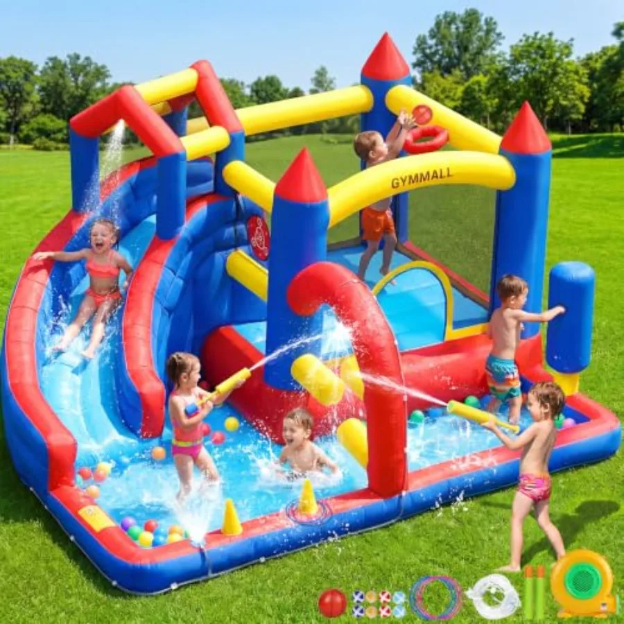 Indoor Outdoor Bounce House: PVC, Blue Red, 9-in-1 Water Fun with Slide, Climber, Wall, Durable Bouncy Castle for Backyard, Par