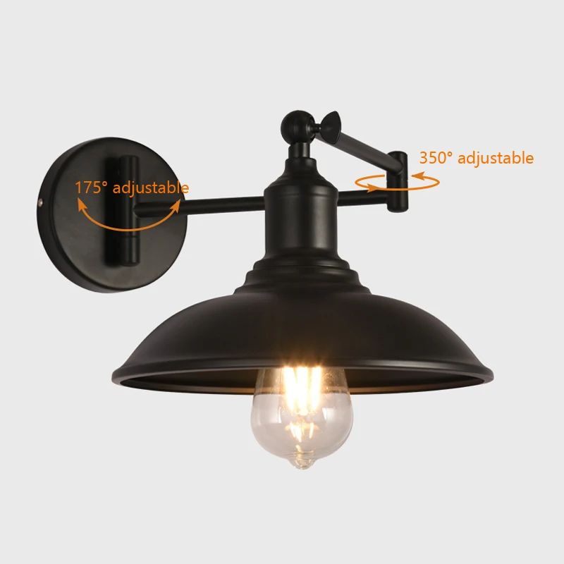 Industrial Black Adjustable Swing Arm Wall Lamp Retro Metal Wall Sconce E27 Bedroom Bedside Reading Light Cafe Decor Light Fixtu