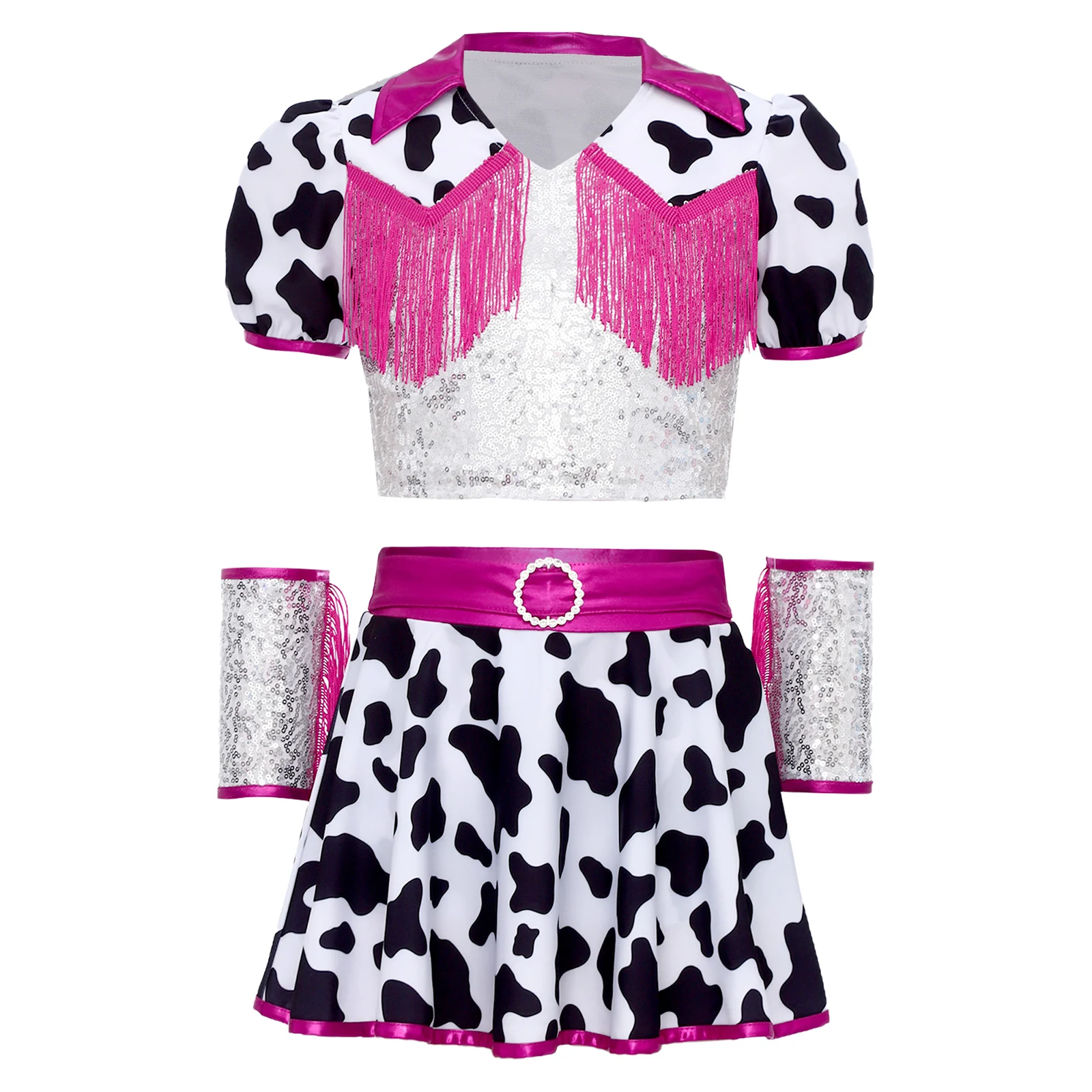 Kids Girls Cow Print Jazz Dance Outfit Halloween Carnival Western Cowgirl Cosplay Costume Crop Top with Culottes Tassel Cuffs