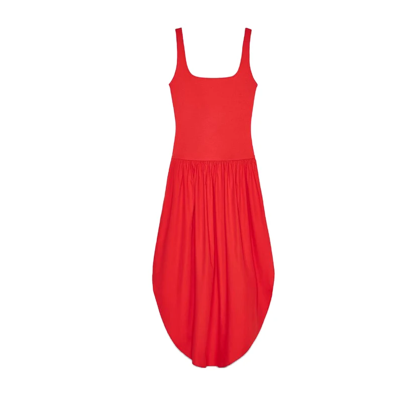 Spring Summer New Women's round Hem Splice Wide oulder Strap Square Collar Midi Dr High Waist A-Line Skirt Long Dr