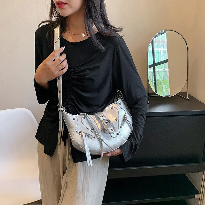 LEFTSIDE Silver Armpit Shoulder Bags for Women 2023 Y2K Designer Trend PU Leather Small Underarm Handbags and Purses