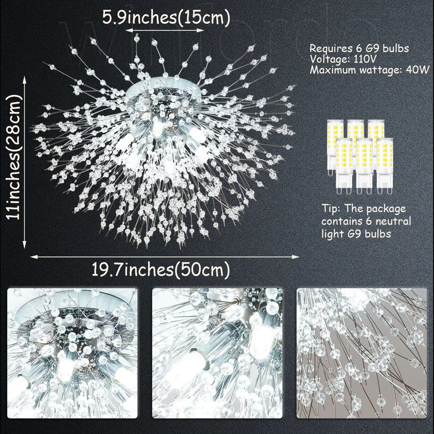 Winfordo Modern Crystal Flush Mount Ceiling Light Fixture 6-Light Ceiling Lamp for Bedroom Kitchen Hallway Entryway