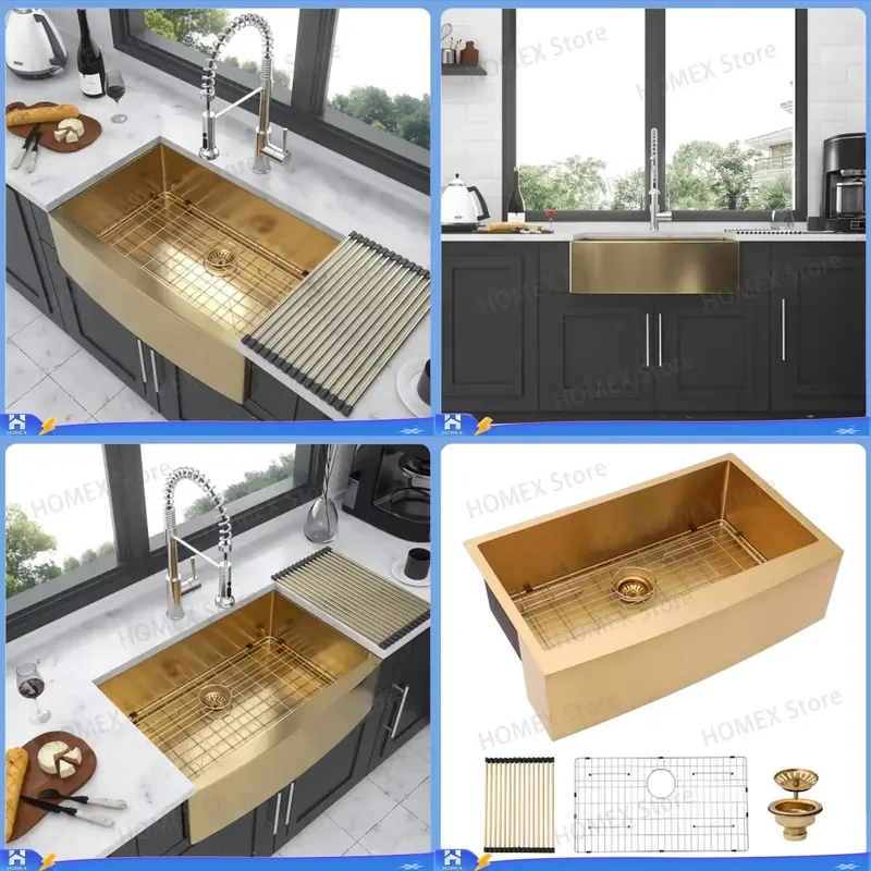 Modern Gold Kitchen Sink Single Bowl 304 Stainless Steel Farmhouse Apron Front with Drain Board 36x21 Inch Undermount Laundry