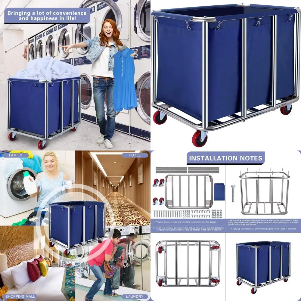 

400L Heavy-Duty Laundry Cart with Wheels, Blue, Sturdy Steel & Waterproof Cloth, Holds 330 lbs