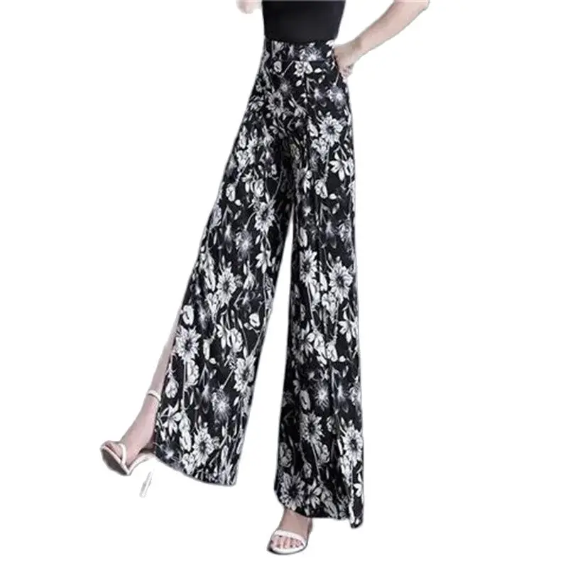 

High-End Flower Pants Women's Summer High Waist Drooping Split Ice Silk Wide-Leg Pants New Thin Pants Chiffon Temperament Pants
