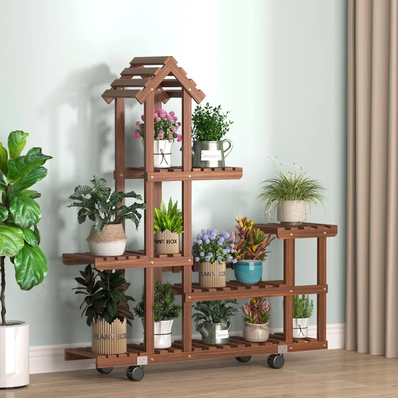 Balcony indoor and outdoor multi-layer solid wood preservative flower rack movable living room floor-to-ceiling dill succulent f