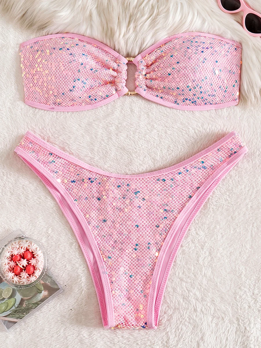 لامعة الترتر شبكة العصابة بيكيني الإناث ملابس السباحة النساء قطعتين مجموعة البكيني البرازيلي ثوب السباحة ملابس السباحة الشاطئ