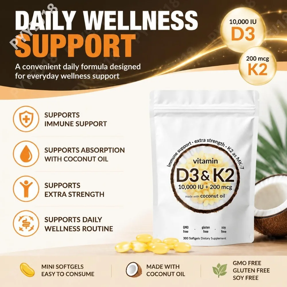 Vitamin D3 K2 Softgels 10000 IU D3 200 mcg K2 MK-7 with Coconut Oil for Enhanced Absorption Immune & Bone Support 300 Softgels