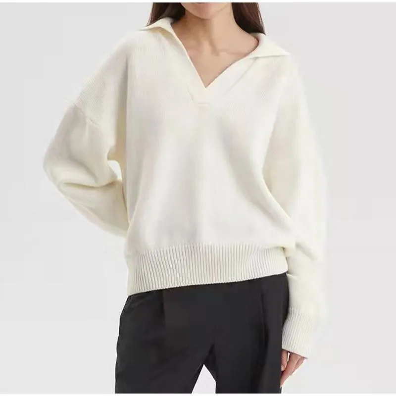 POLO Collar Casual Sweater Pullovers Women Autumn Winter Loose Solid Tops Female Long Sleeve Outfit Clothes 2023