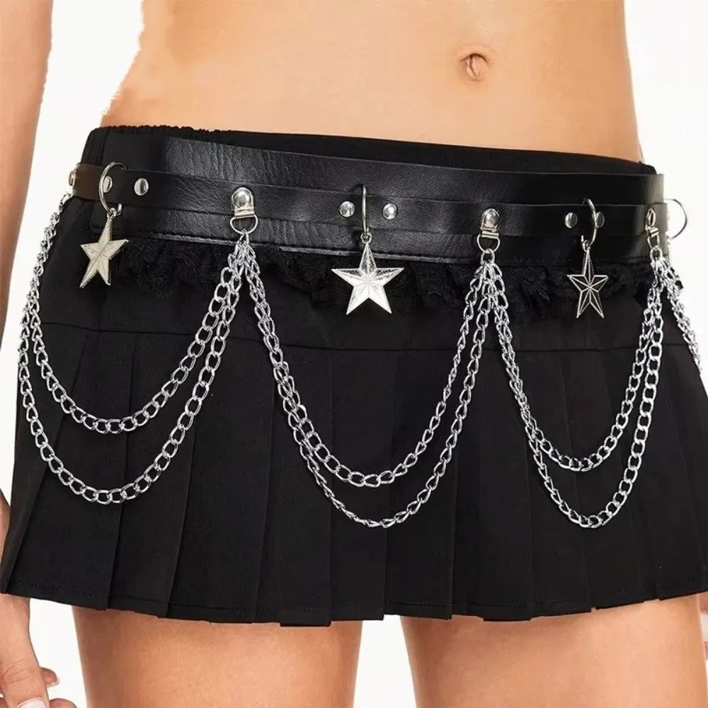 

Fashion Double-Layer Chain Belt Lace Up Buttonhole Waist Chain Single-Breasted Star Embellished Corset Belt Punk Style