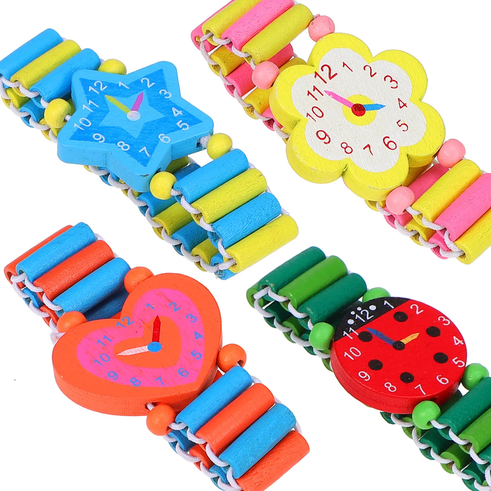 

4 шт. Детские деревянные часы с мультяшным дизайном, креативный эластичный ремешок, забавный подарок для детей, игрушка-часы для дня рождения