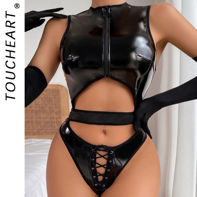 

Toucheart Patent Leather Sexy Underwear 2-Piece Set Link Vest Hollow Strap Body Shaping Jumpsuit Gloves Women Underwear Onesie