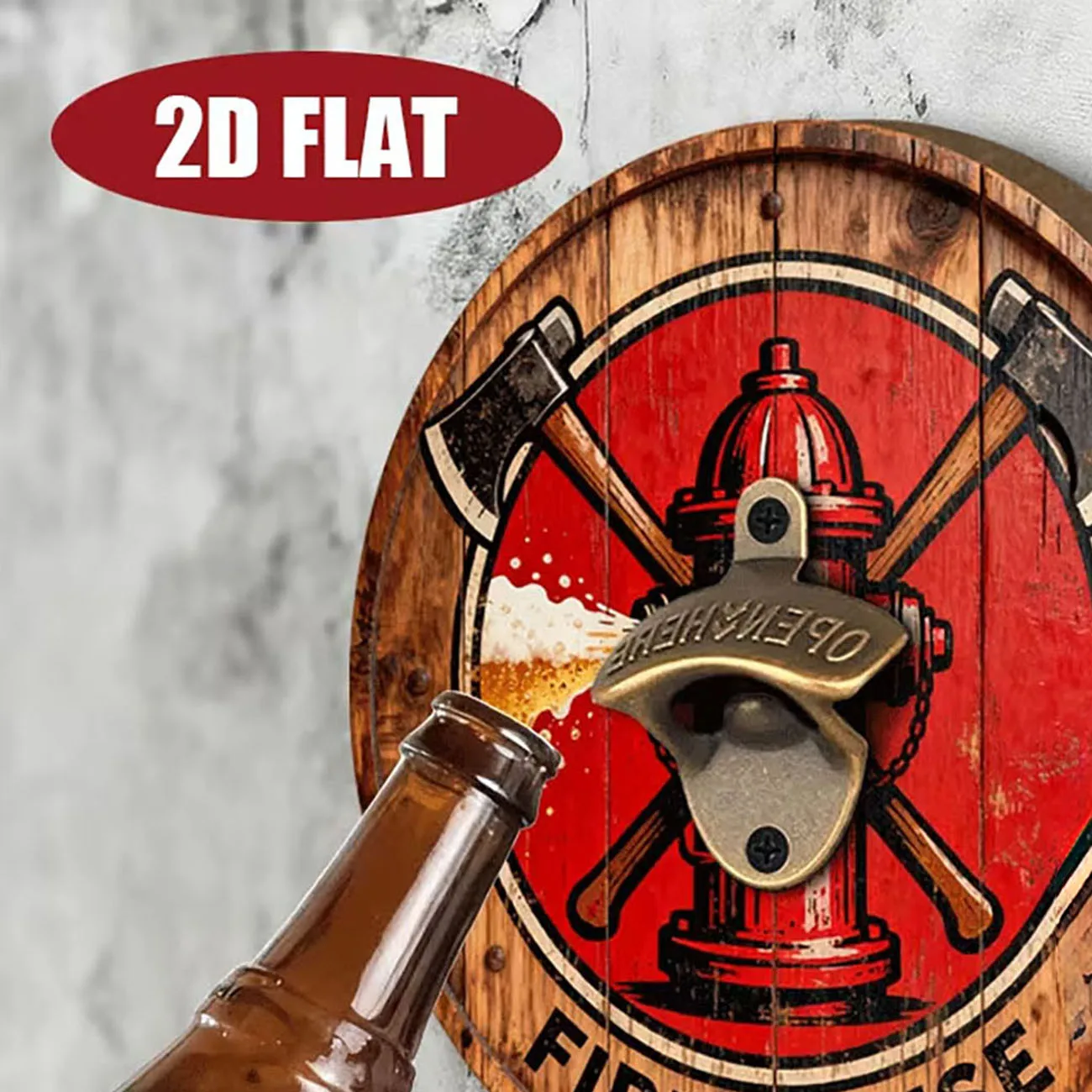 2D Flat Circular Wood Beer Opener, Vintage Firehouse Hydrant Axe Pattern Wall Plaque for Pub & Garage Home Decoration