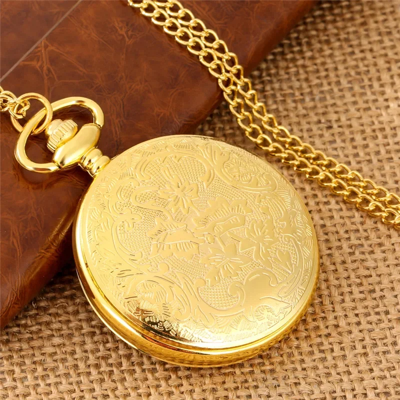 Luxury Yellow Gold Hollow Out Night Owl Design Unisex Quartz Analog Pocket Watch with Sweater Fob Chain Collectable Gift Reloj