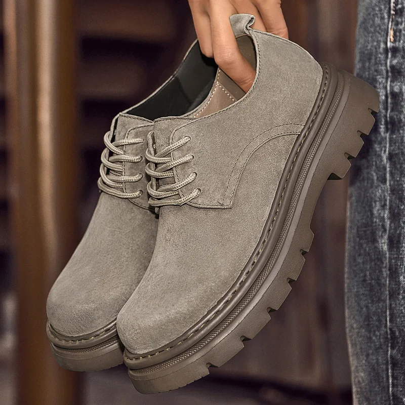 

High End Men Retro Thick Soled Derby Shoes Frosted Lace Up Non Slip Height Increasing University Style Casual Shoes