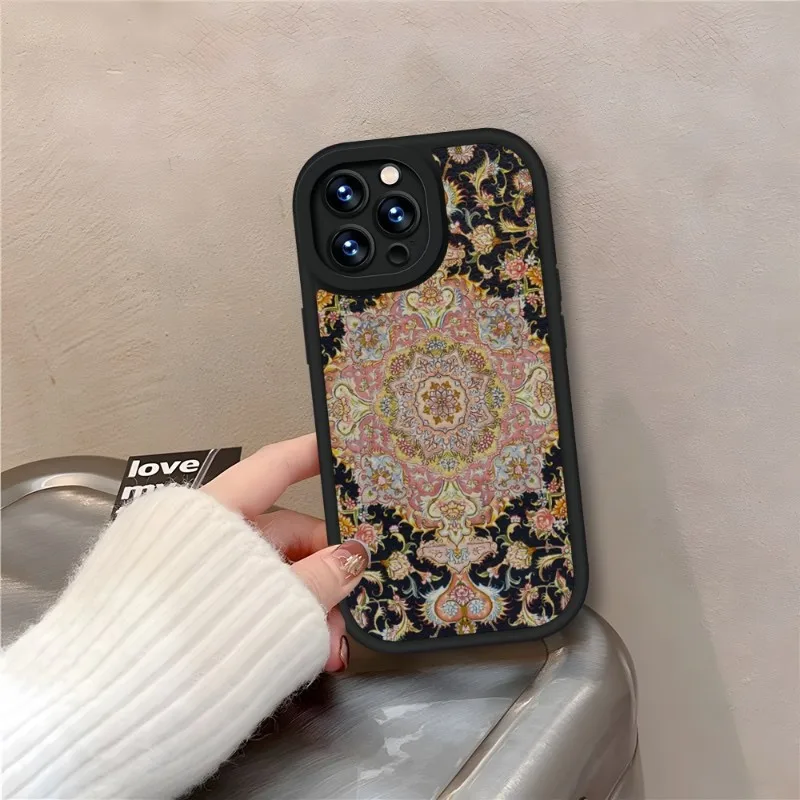 Persian Carpet Floral Pattern Phone Case Black For IPhone 11 14 13 12 Pro Max Mini Xs X Xr 7 8 Plus SE2020 Leather Texture Coque