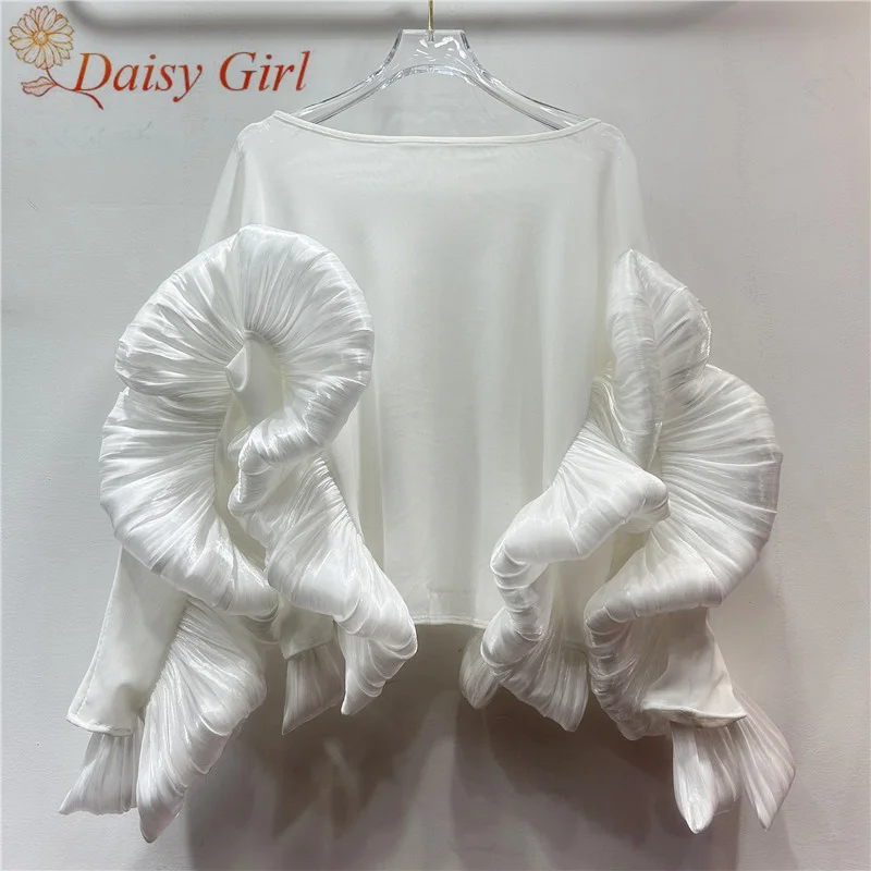 

Autumn Winter New Style Retro Temperament Round Neck Ruffled Loose Long-Sleeved Shirt Girly Style Irregular Top