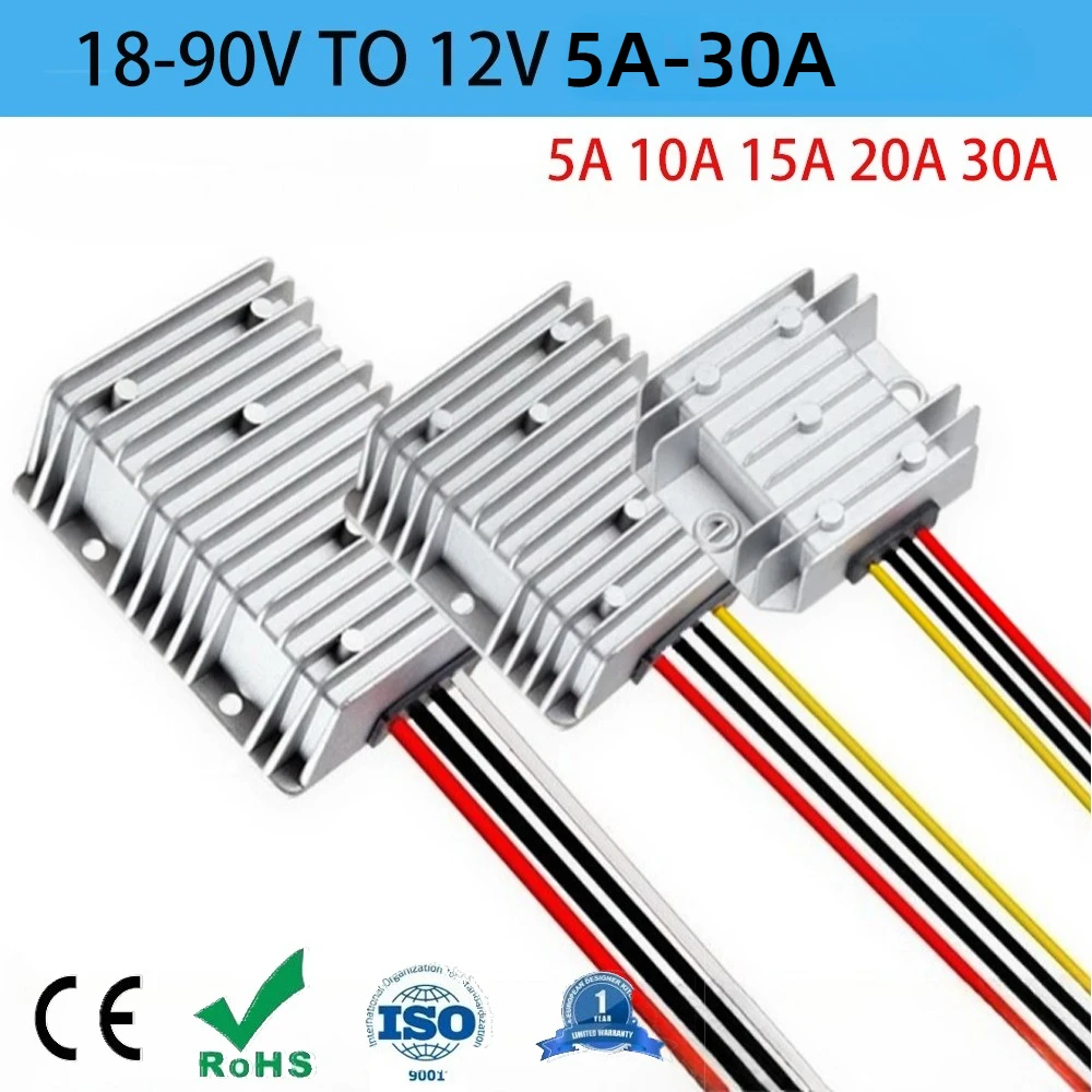 18V-90V to 12V 5A 10A 15A 20A 30A DC-DC Step Down Converter Stabilizer 24V 48V 60V 72V Buck Module Voltage Regulator for Cars
