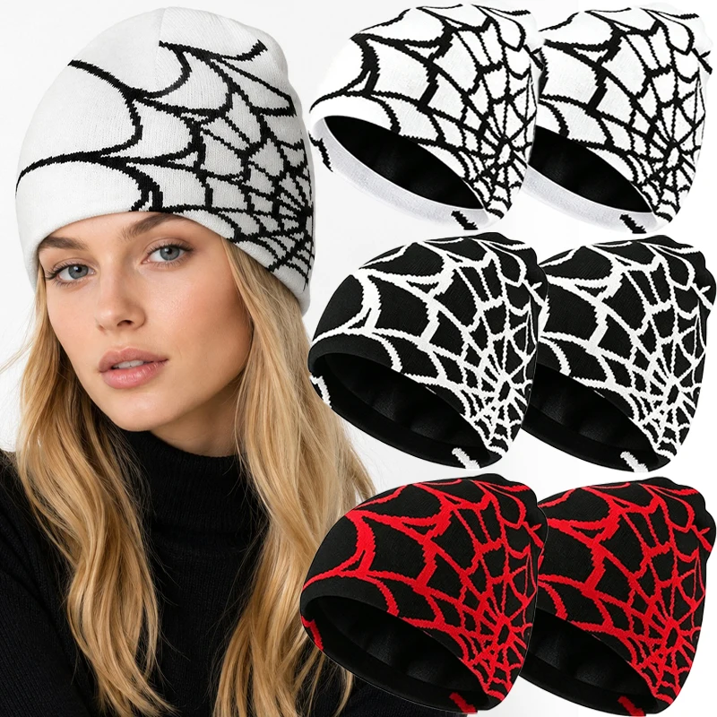 Autumn Winter Gothic Spider Webs Jacquard Beanies for Women Men Y2K Thermal Warm Knitted Hip Hop Caps Elastic Soft Skull Hats