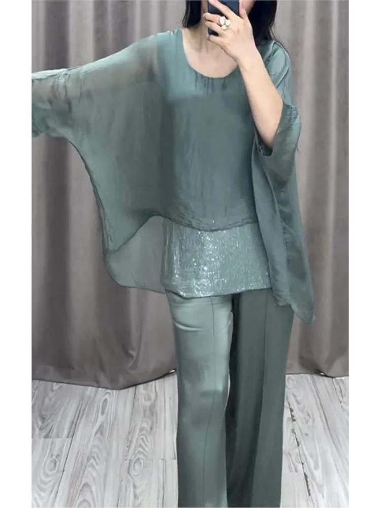 Women Double-layer Top Two-piece Suit Spring Autumn Fashion O-neck Sets Casual Batwing Sleeve Top With Wide Leg Pants Outfits