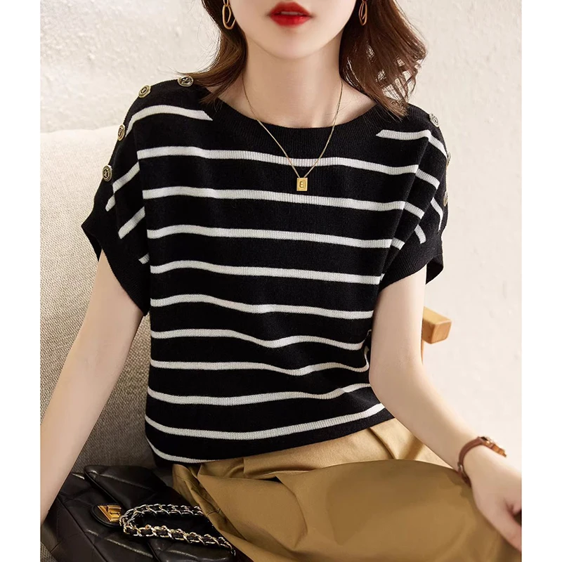 Fashion O-Neck Button Knitted Short Sleeve Striped T-Shirts Women Clothing 2024 Summer New Loose Casual Tops Commuter Tee Shirt