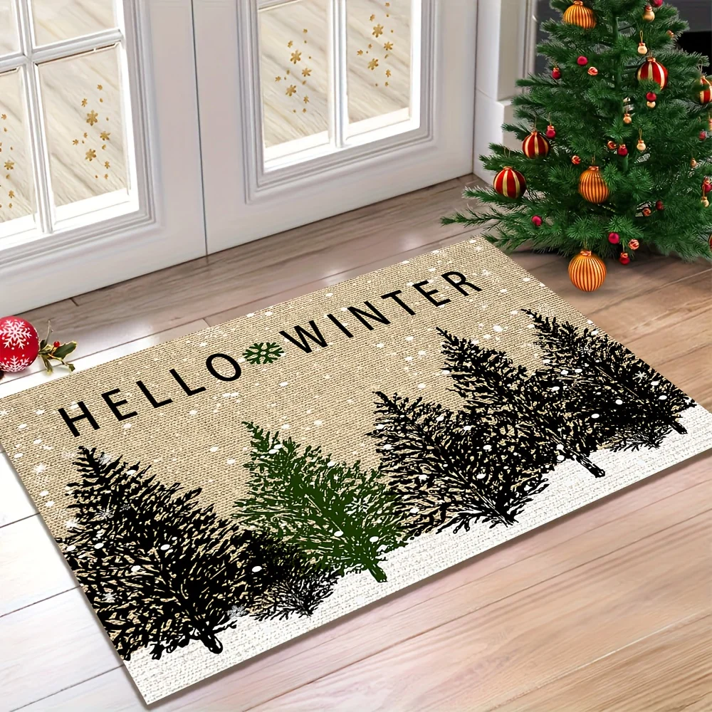 Winter Season Floor Rug Hello Winter Slogan Pine Tree Snowfall Rustic Style Pattern Decor Area Rug for Porch Home Ornament