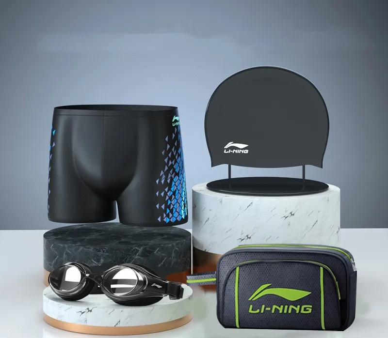 Men‘s Swimming Set Bathing Trunks Glasses Cap Carry Bag Plus Size Swimwear Beach Shorts Boxer Surfing Briefs Goggles Bag