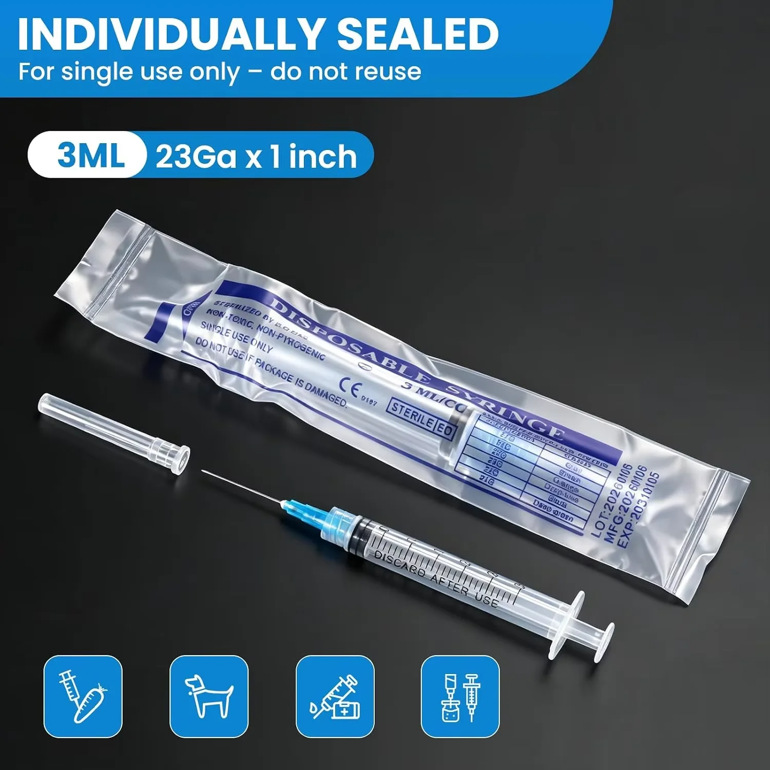 100/60/30 Pieces, 3 ml Screw-Cap Syringes with 23g 1-Inch Needles, Laboratory Supplies, Liquid Dispensers