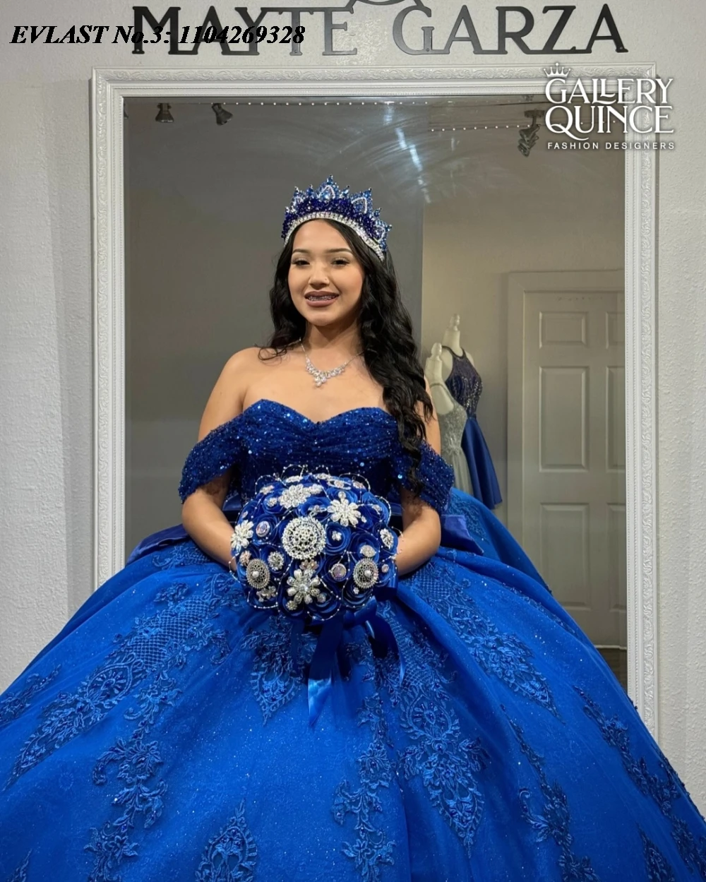 EVLAST Maßgeschneidertes glitzerndes königsblaues Quinceanera-Kleid, Ballkleid, Spitze, Perlenstickerei, Schleife, Sweet 16, Vestidos de 15 Anos E3Q738