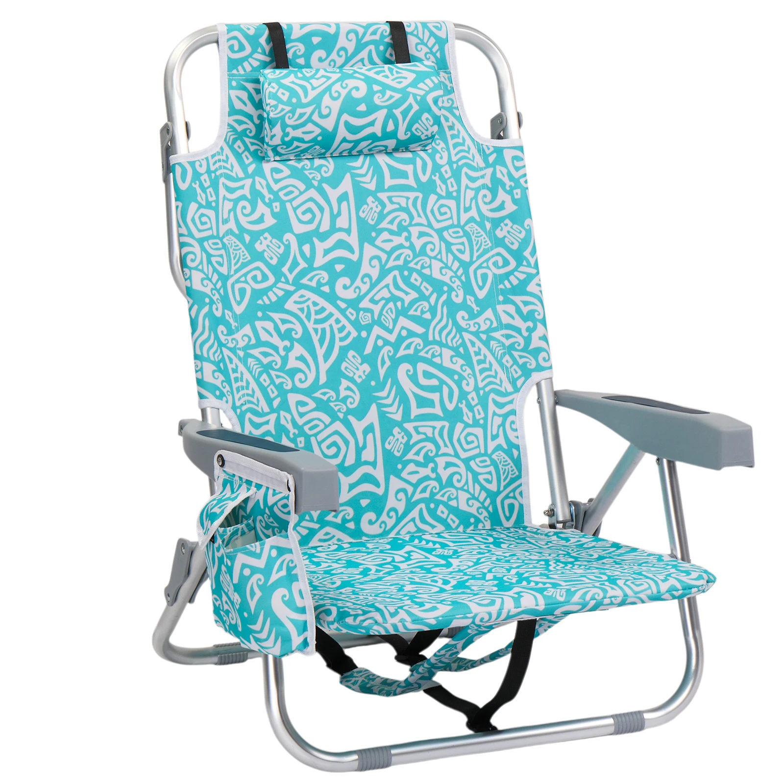

5-Position Reclining Aluminum Beach Chair Teal Tribal Pattern with Headrest Cooler Bag Cup Holder 120KG