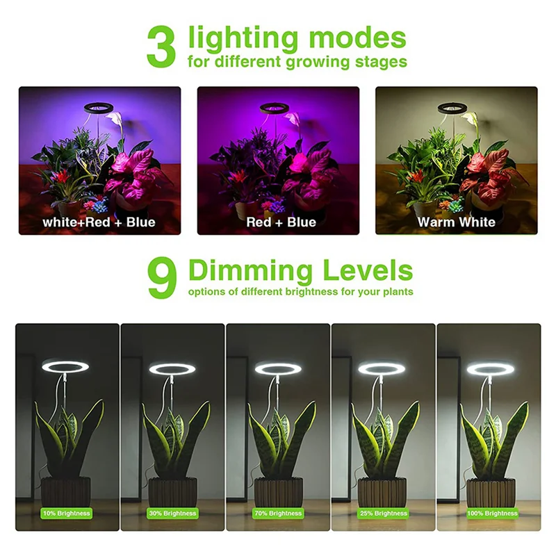 A50I 4X Coltiva le luci per piante da interno, Luce per piante Halo a LED a spettro completo con timer automatico regolabile in altezza del supporto, per piante