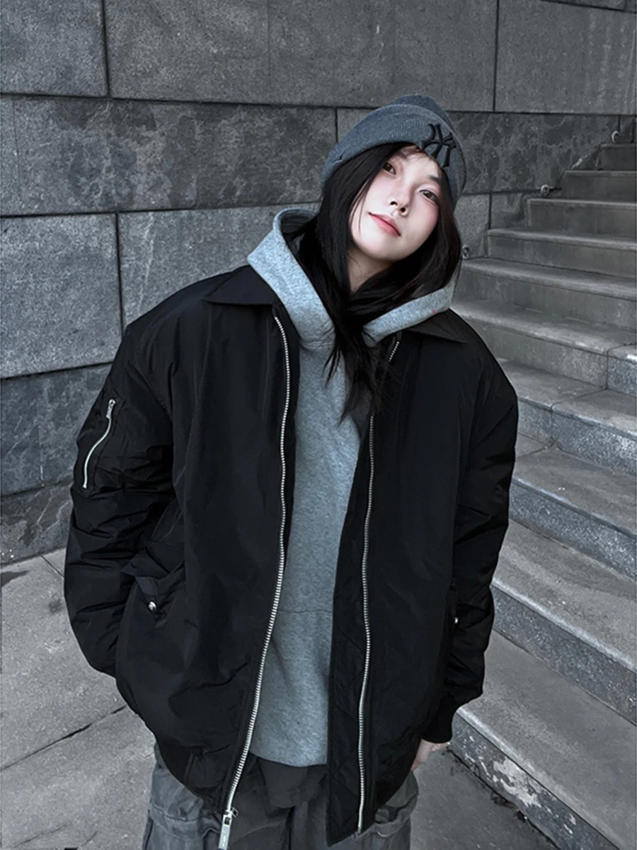 

Cleanfit Black Pilot Jacket Cotton Coat Men Winter Thickened Baseball Cotton Filled Bomber Outerwear Youth Trendy Long Sleeve