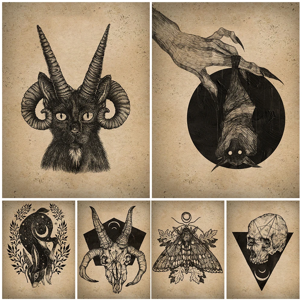 Demonic Horned Cat And Moon Hare Vintage Wall Art Canvas Painting Witch Bat And Flying Egyptian Cat Poster Print Decor Unframed