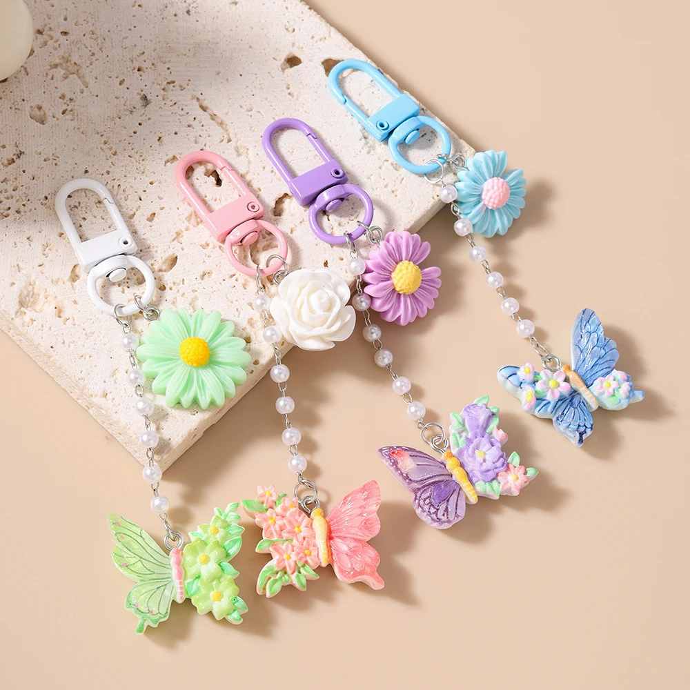 Cute Resin Butterfly keychain Women Girls Flower Key Ring Pendant for Handbag Charms DIY Key Chain Jewelry Gifts