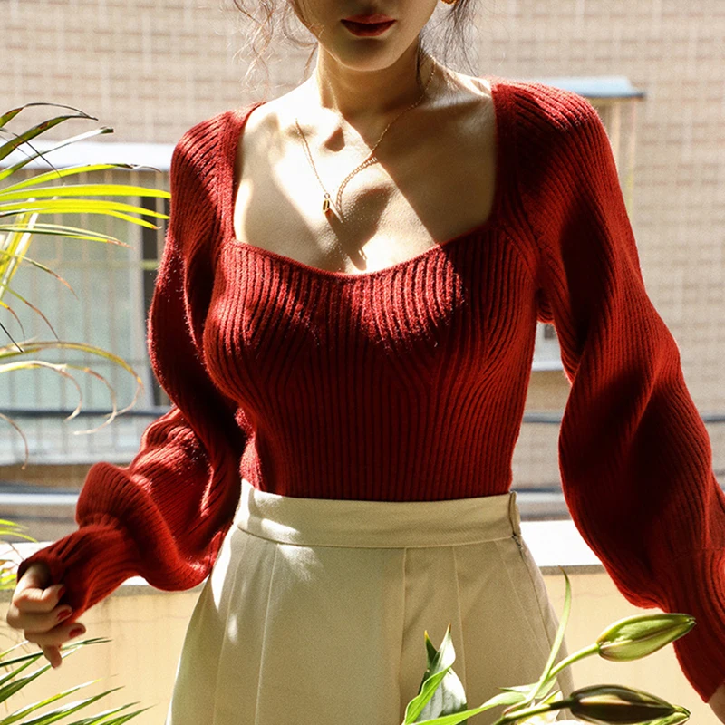 Women Clothing Vintage Solid Color Square Collar Long Sleeve Pullovers Autumn Fashionable Slim Sweater Female Elegant Knitting