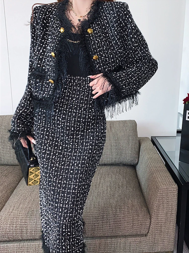 

Vintage Elegant Tweed 2 Pieces Outfits Women Clothing Long Sleeve Coat Tops Jacket Outwear High Waist Skirt Sets Business Street