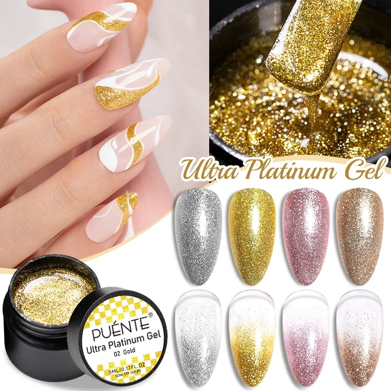 PUENTE Ultra Platinum Gel Nail Polish 5ML Brilhante Ouro Prata Glitter Pintura Gel DIY Desenho Verniz Semi Permanente Para Manicure