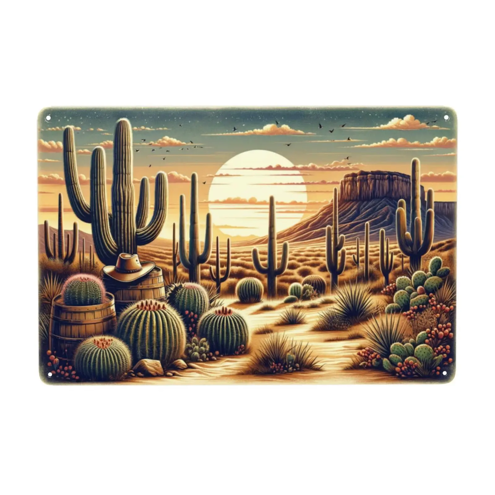 Golden Desert Sunset Sign Majestic Cactus Metal Tin Sign - Warm Western Landscape Wall Art for Rustic Home Decor 12x16inch