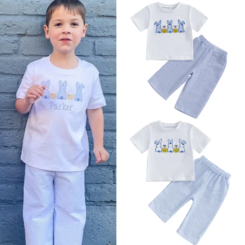 FOCUSNORM 0-4Y Toddler Kids Boys Easter Clothes Sets Short Sleeve Rabbit Embroidery T Shirts Plaid/Striped Pants Sets