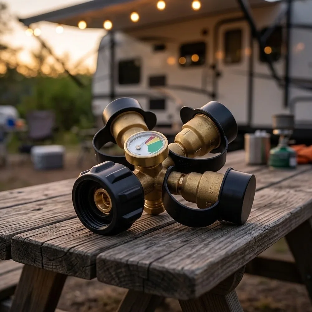 Propane Tank 3 Way Splitter with Bright LED Pressure Gauge and Gas Safety Valves for RV Grill Stove Lantern Use