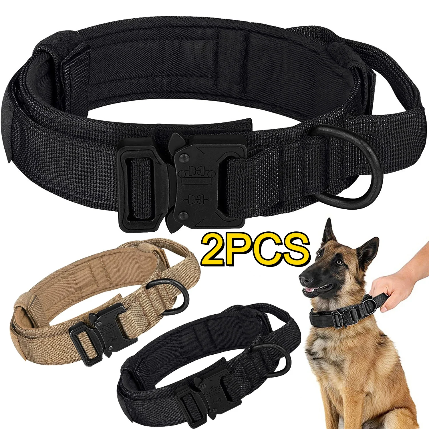 2/1PCS Tactical Dog Collar Adjustable Military Nylon Dog Collar with Control Handle Heavy Duty Metal Buckle for Medium Large Dog