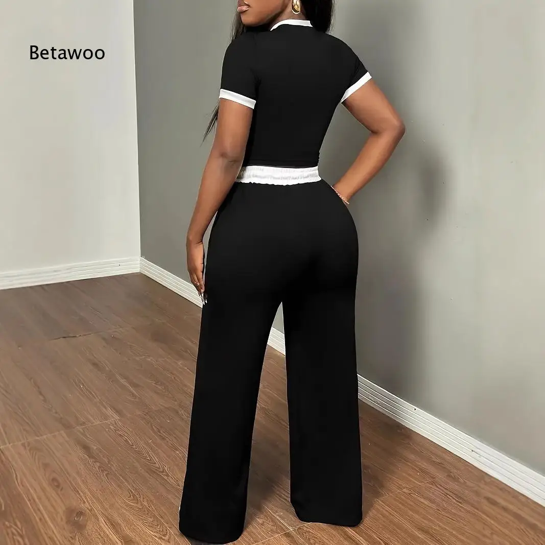 Color Block Neckline Cuff Cropped Tee Wide Leg Sweatpants Set