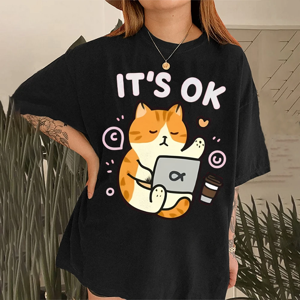 

Винтажная футболка с американским рисунком, летняя женская футболка с коротким рукавом в корейском стиле, хлопковая футболка с милым котом, свободная футболка Y2K с короткими рукавами