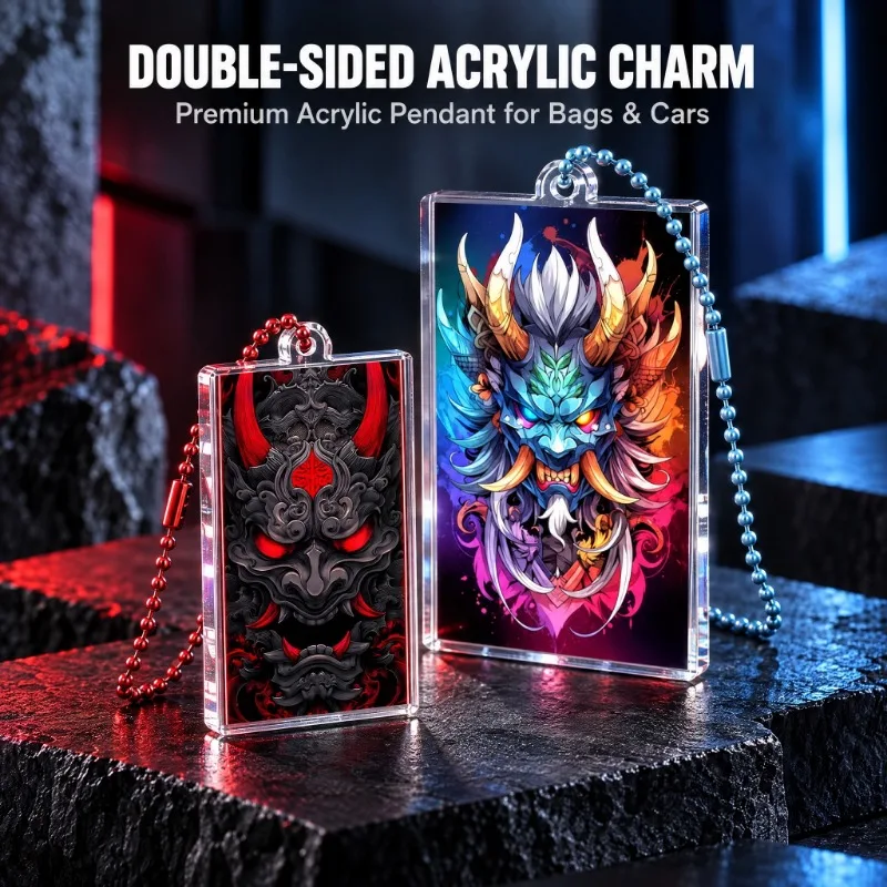 Japanese Style Prajna Ghost Face Acrylic Double-sided Keychain, Retro Ukiyo-e Dragon Demon Art Printed Bag Pendant Car Pendant
