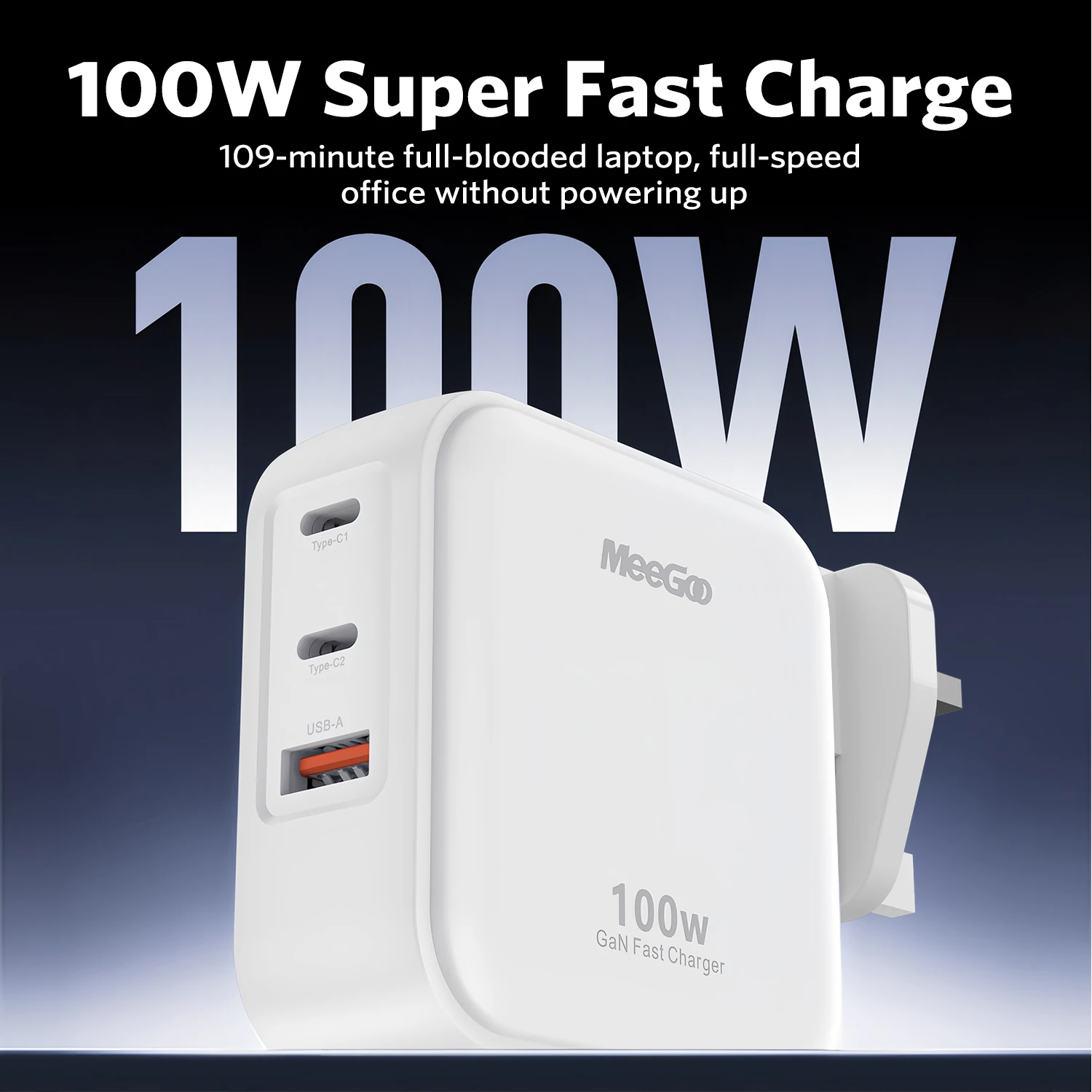 MeeGoo GaN 100W PD Charger 1A2C Ports Fast Charging Compact UK Plug White for Laptops Phones Tablets Android Phone Computer 2027