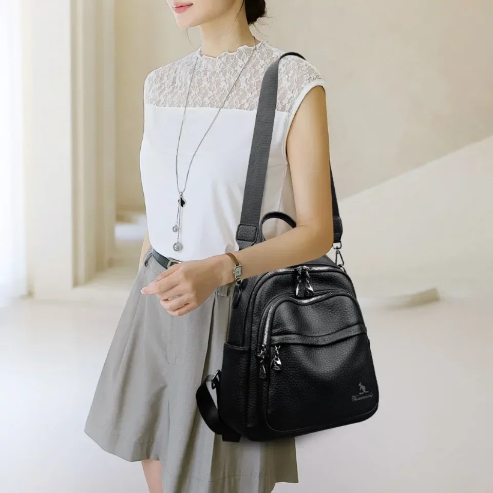 Women's Soft Leather Backpack Student School Bag Female High Quality Rucksack Multi-functional Ladies Shoulder Bag Commuting Sac