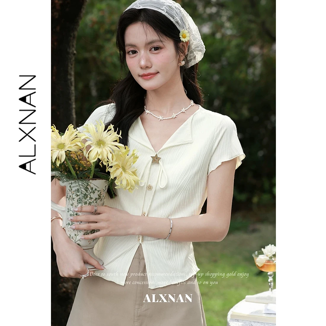 

ALXNAN Short Sleeve T-shirt V-neck Star Flower Buttons Tie Design Waist Pleats Irregular Hem T-shirts Summer Elegant Tops L63301