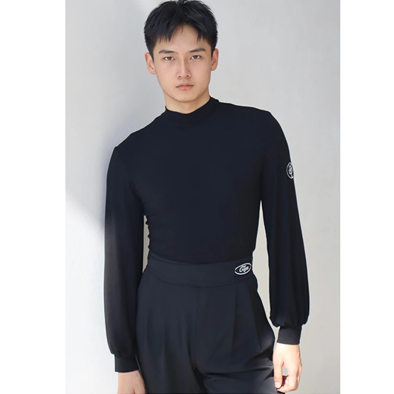 Latin Dance Clothes For Men Long Sleeves Mesh Back Black Tops Male Ballroom Dance Performance Clothing Practice Wear DNV19440